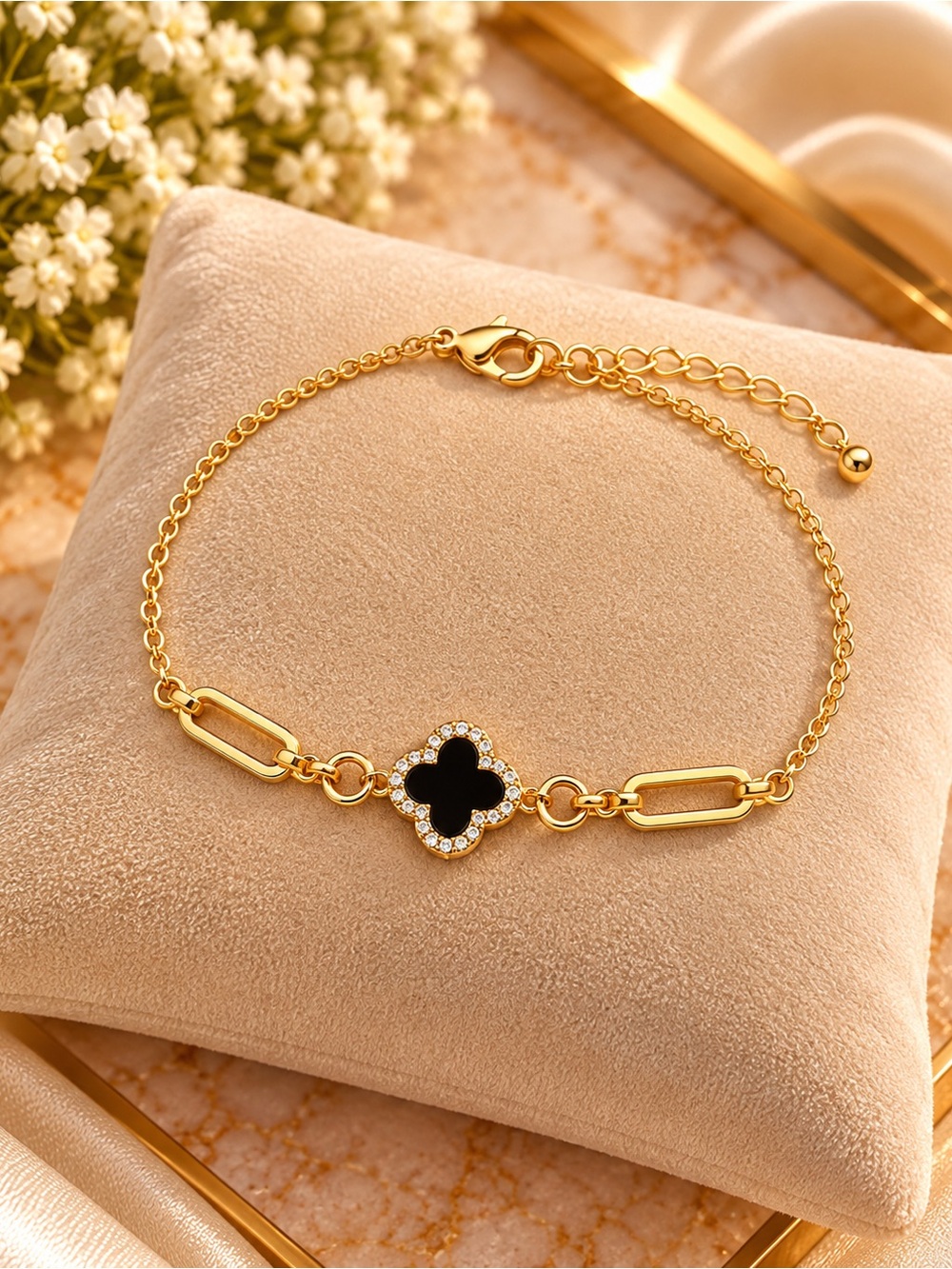 14K Gold Filled Black Clover Charm Bracelet Adjustable 6.5-7” Elegant